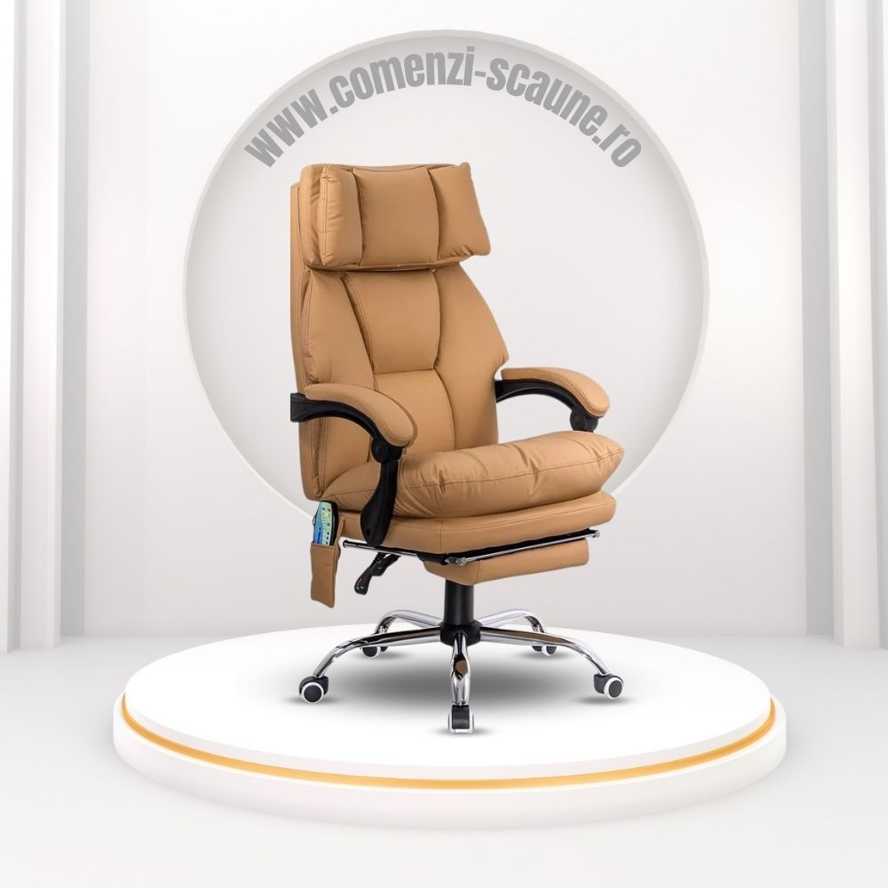 Scaun de birou cu masaj și încălzire OFF 414 Bej – Piele ecologică, ergonomic, suport 150 kg